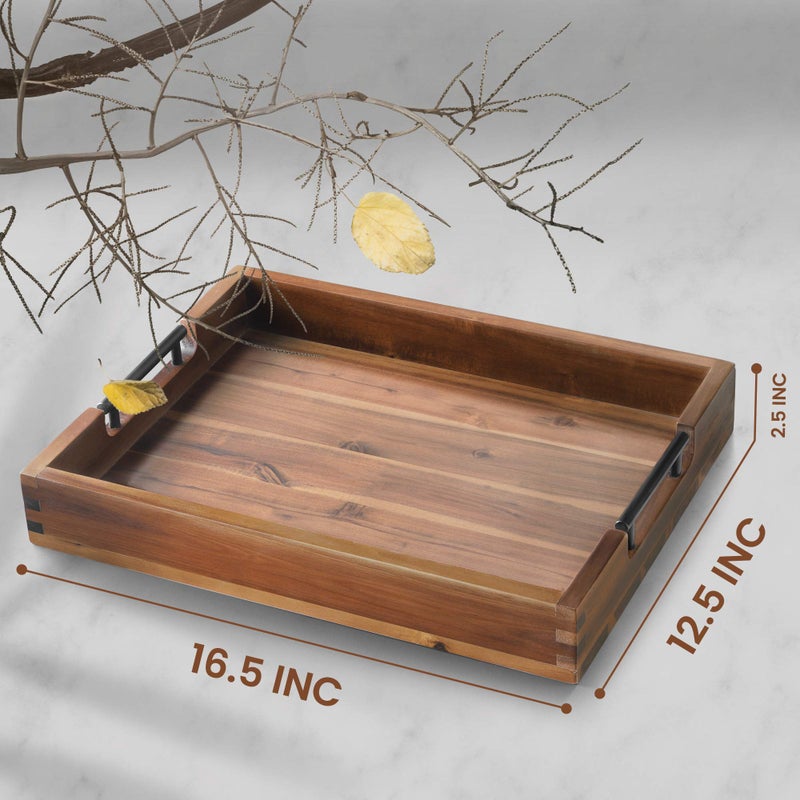 RAKYTO Ottoman Tray, Acacia Wood Serving Tray with Metal Handles, 16.5x12.5in Food Drinks Tray for Coffee Table, Breakfast, Dinner & Bar, Rustic Decorative Storage Tray for Ottoman, Kitchen, Packaging - Image 2